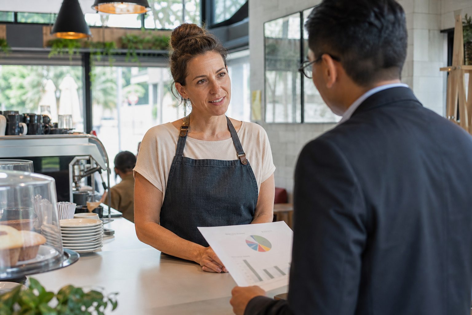 Gold Coast cafe owner reviewing a website performance report with a digital strategist at her Broadbeach shopfront counter