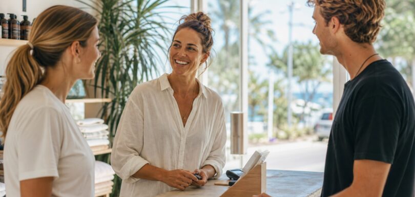Gold Coast business owner discussing AI visibility strategy with two clients