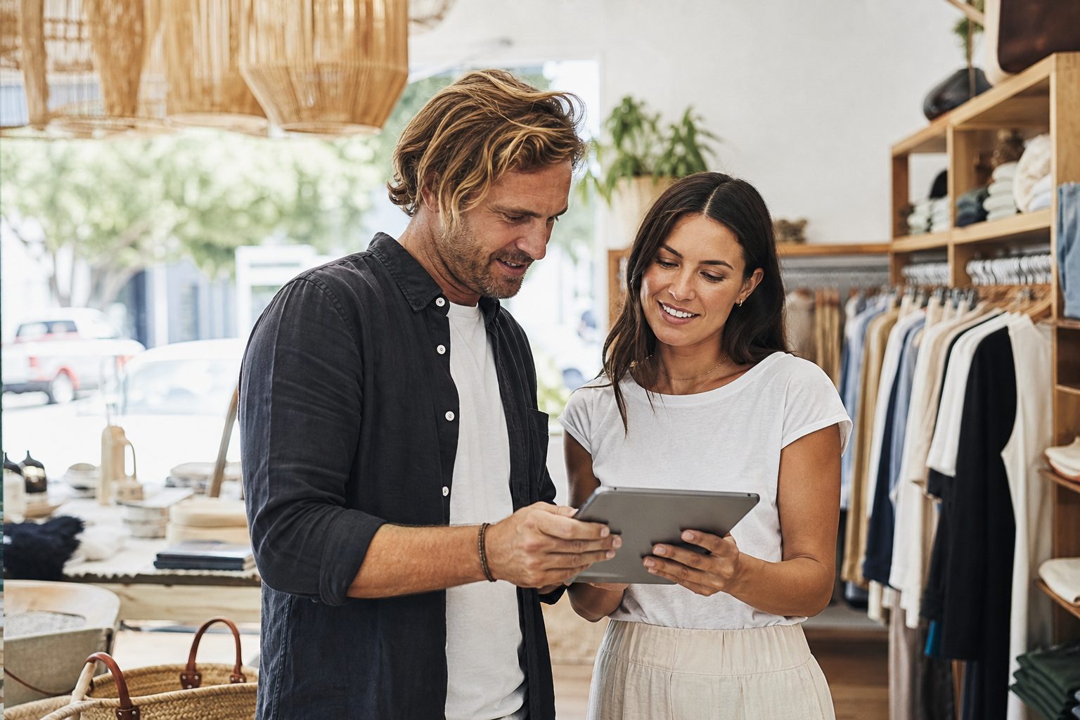 Gold Coast retail business owner and web designer reviewing a website on a tablet