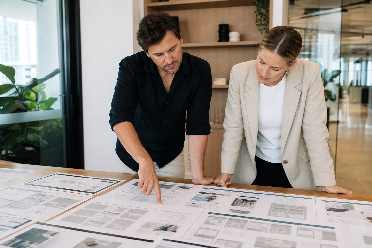 Two marketing professionals reviewing printed website wireframes on a meeting table in a Gold Coast office