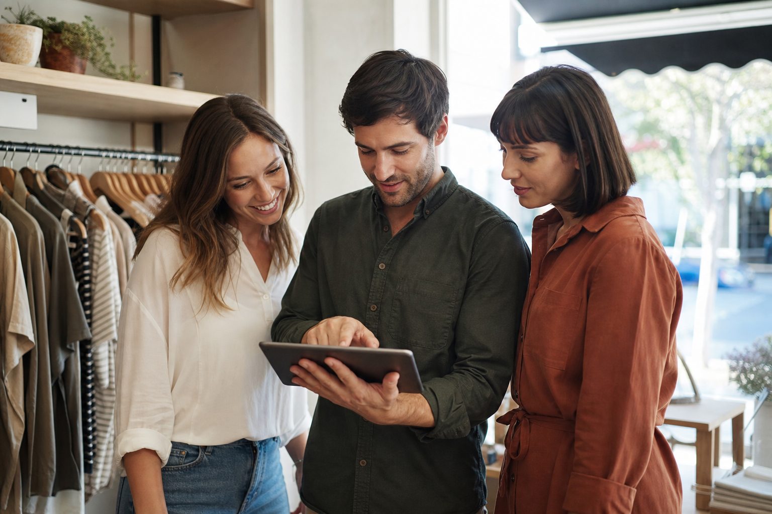 Small business team looking at their website on a tablet inside an Australian retail shopfront