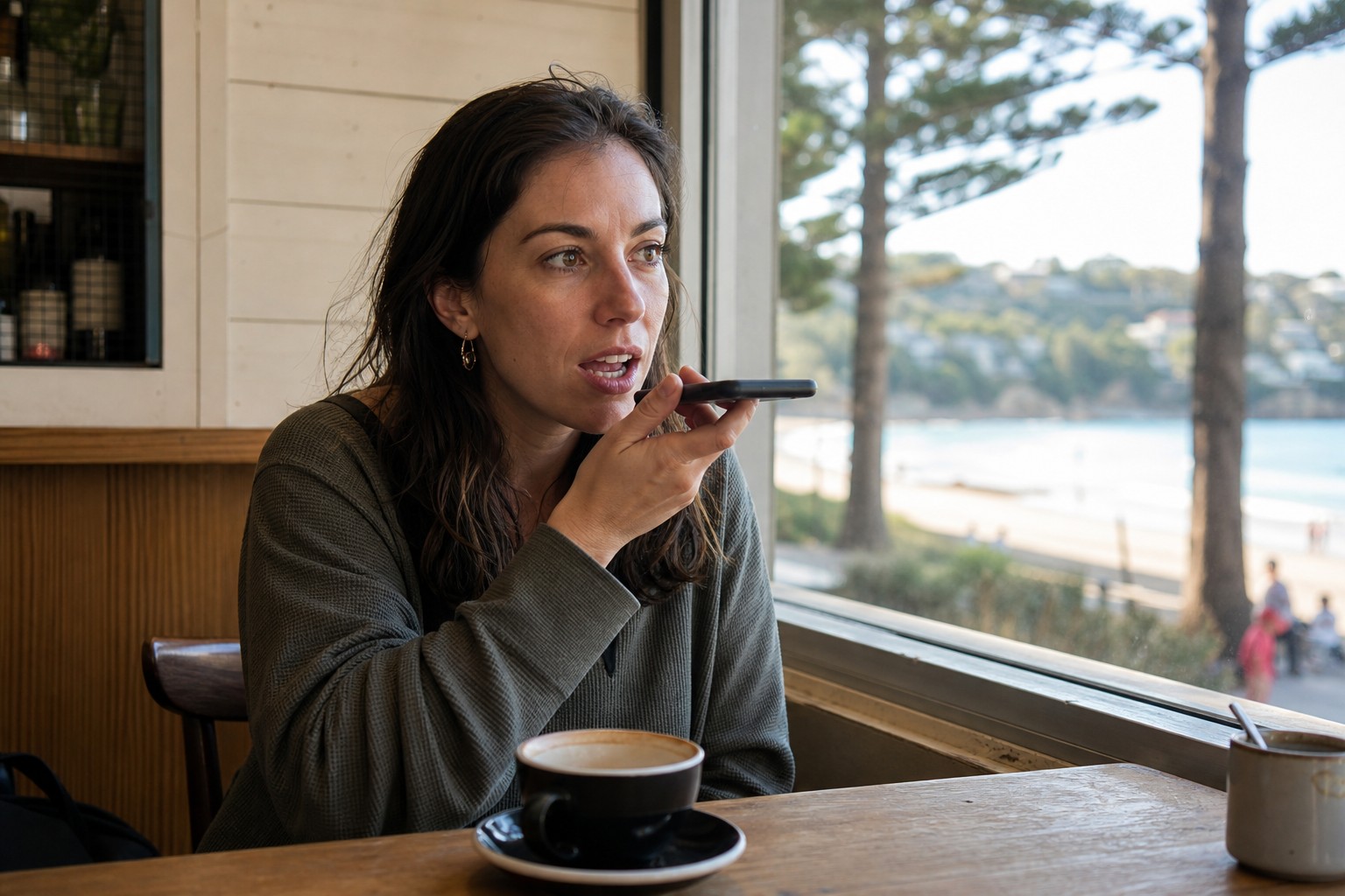 Customer asking an AI assistant for a recommendation on her phone at a Gold Coast cafe