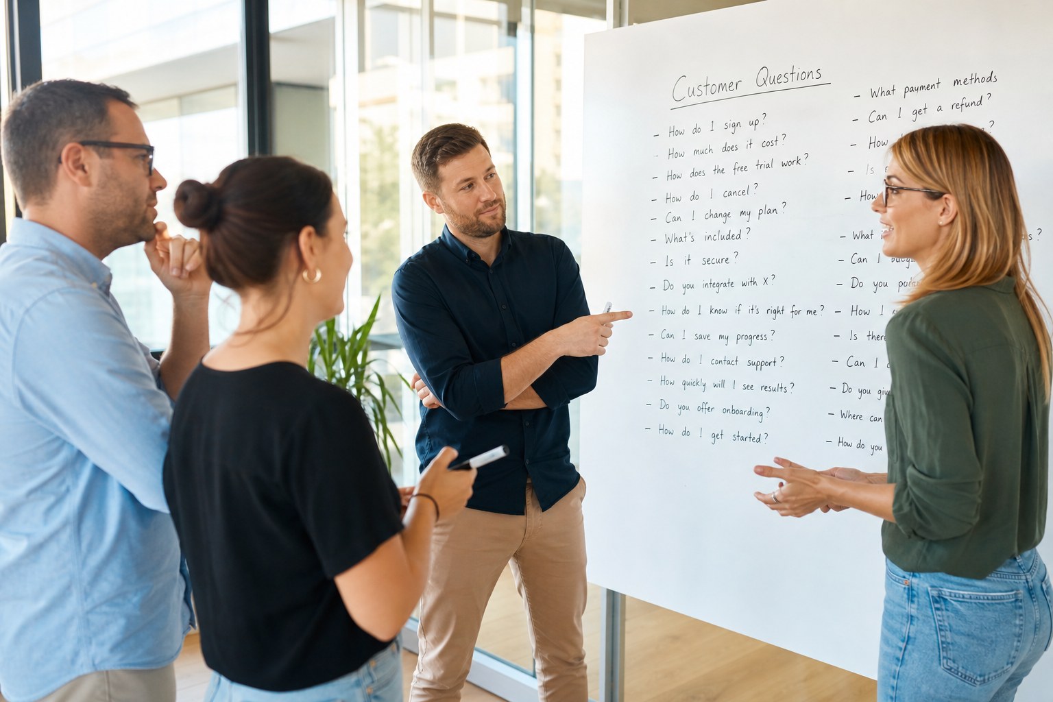 Marketing team mapping real customer questions on a whiteboard
