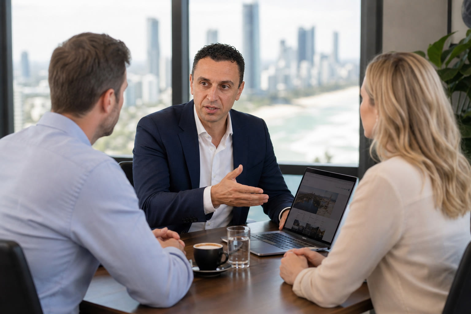 Richie Zengoski explaining AEO and GEO strategy to clients in a Gold Coast boardroom
