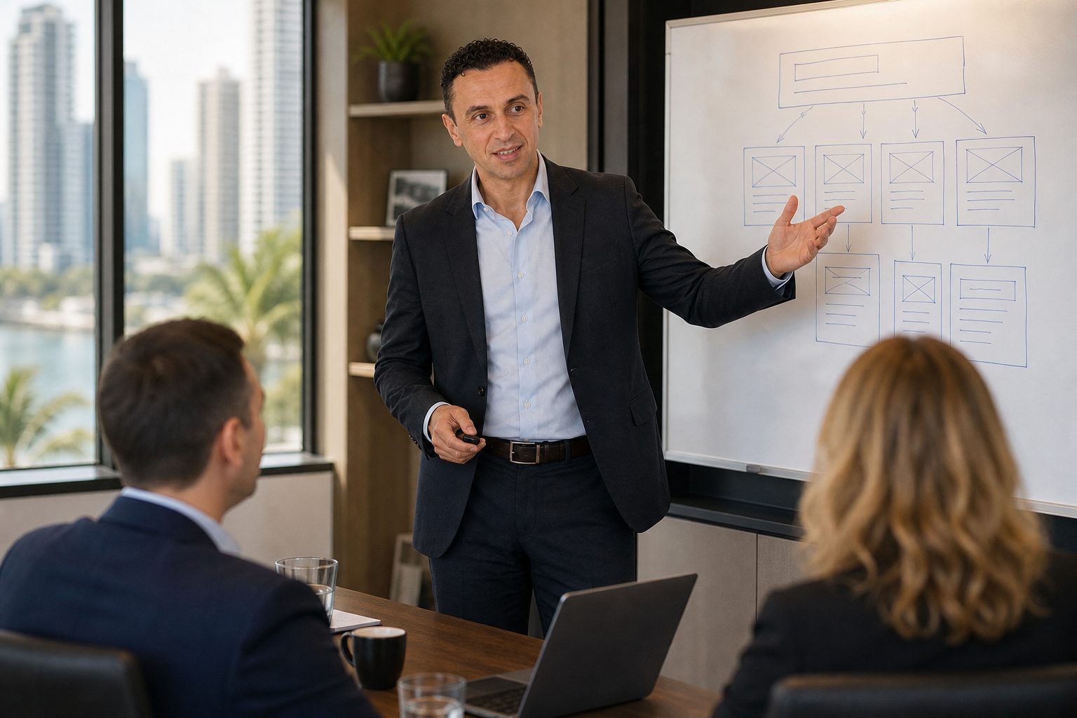 Richie Zengoski of Titan Blue mapping a website structure on a whiteboard in the Broadbeach office