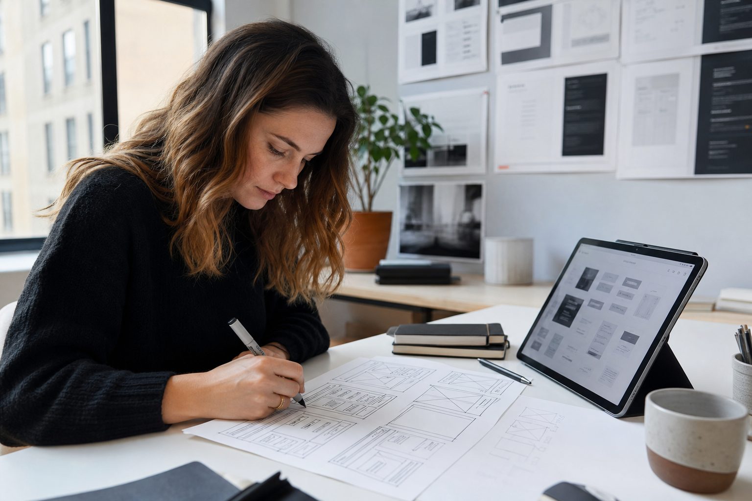 Designer sketching custom website wireframes by hand