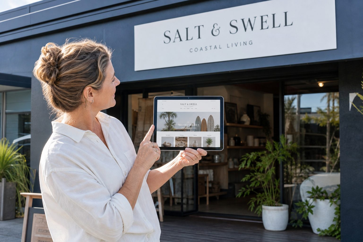Gold Coast shop owner checking her new affordable website on a tablet outside her store