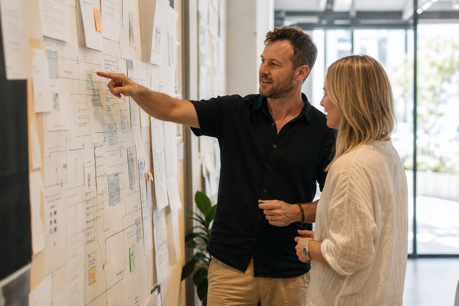Web strategist and business owner reviewing website information architecture on a planning wall