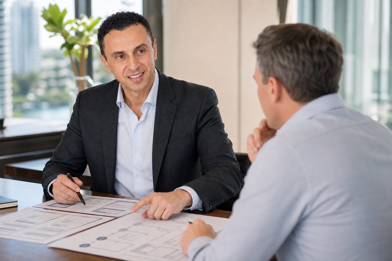 Richie Zengoski guiding a Gold Coast business website strategy session with printed wireframes