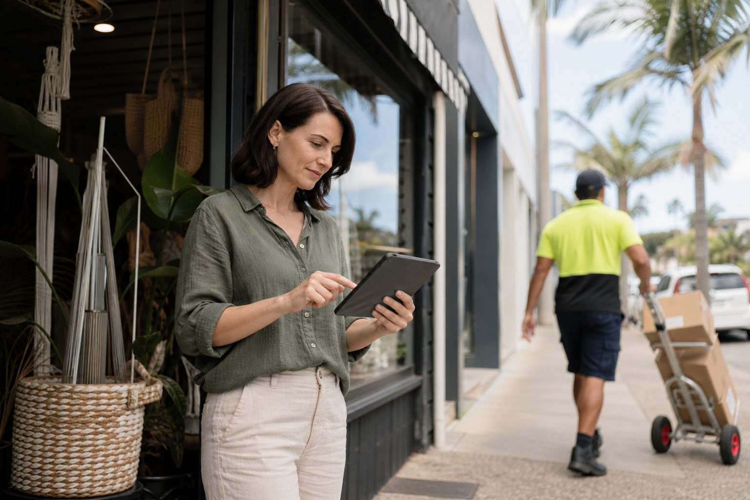 Small business owner checking her website on a tablet outside a Gold Coast shopfront