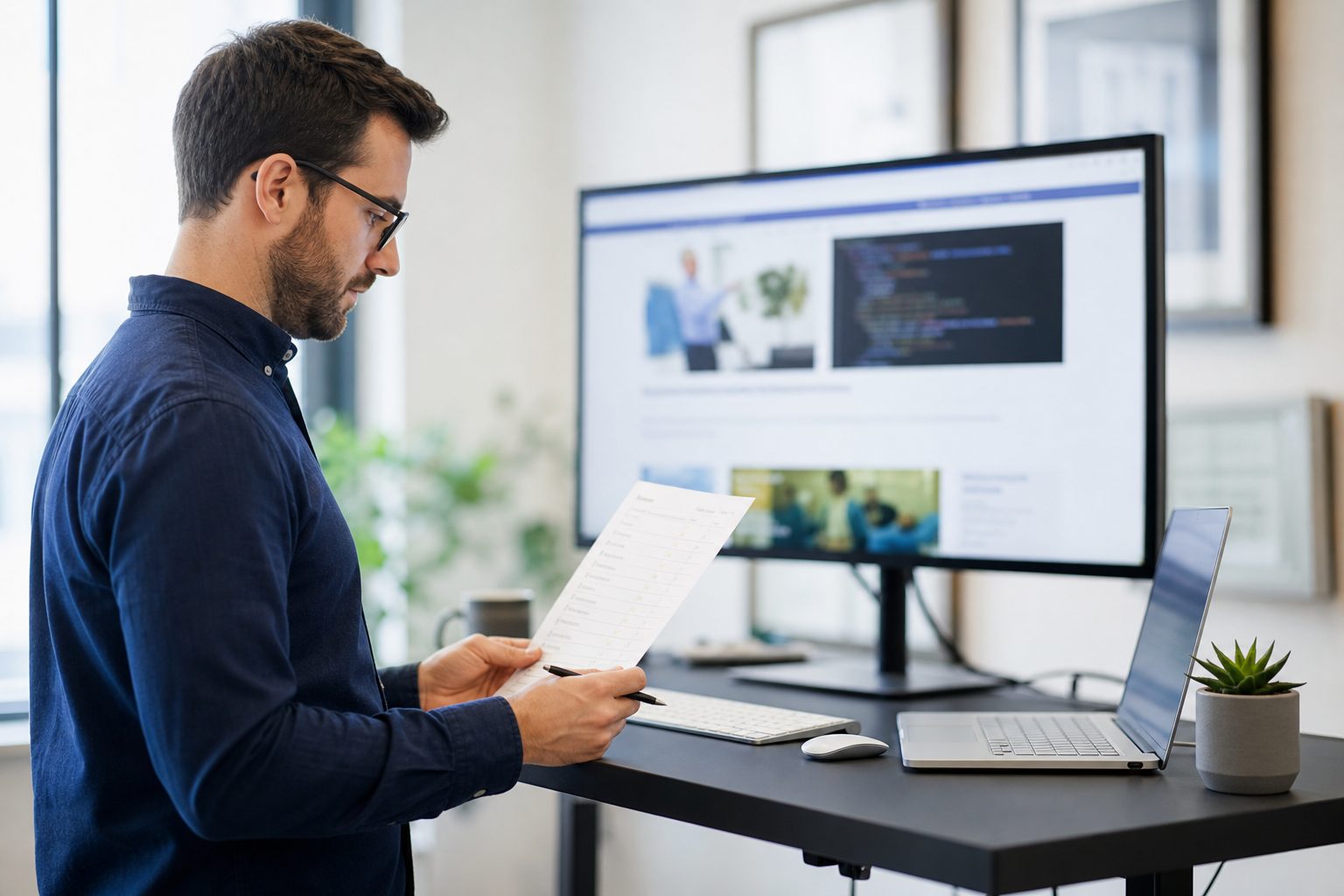 Web developer cross-referencing a structured data checklist against a live website page
