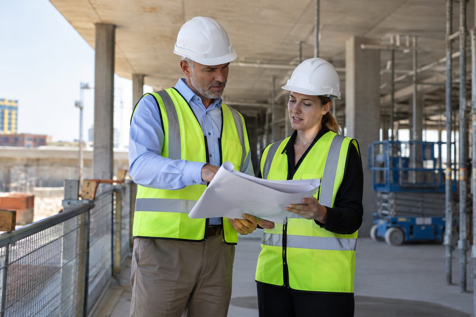Construction site manager and colleague reviewing building plans on site - Construction Company Website Design Australia