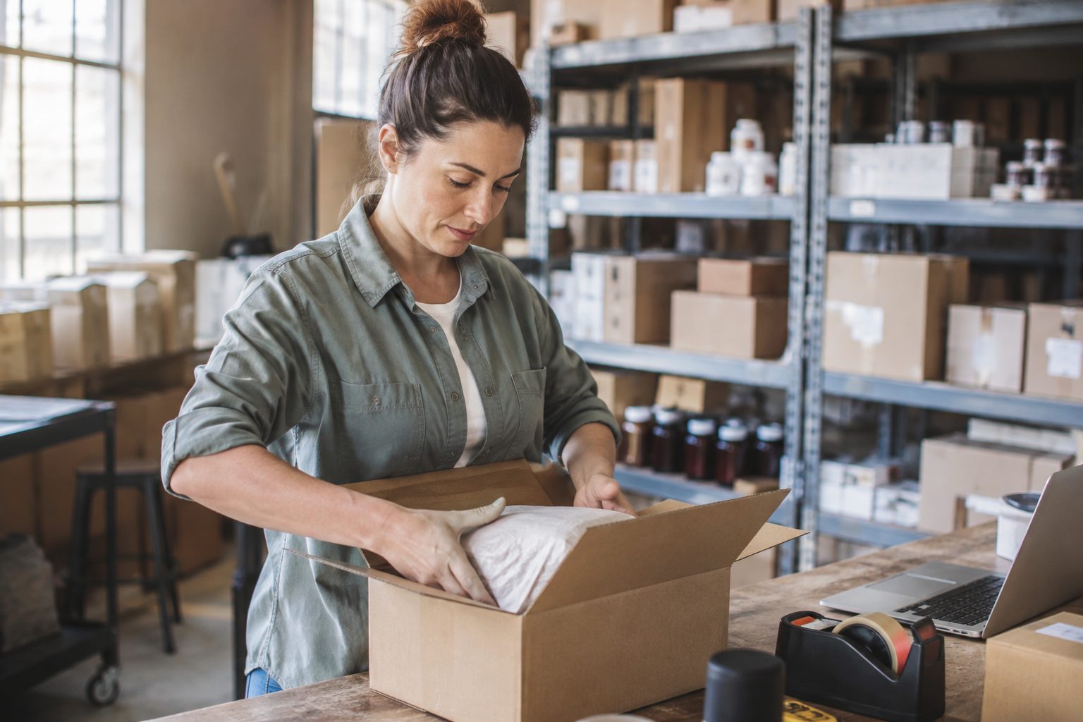 Small business owner packing an ecommerce order in a warehouse for shipping