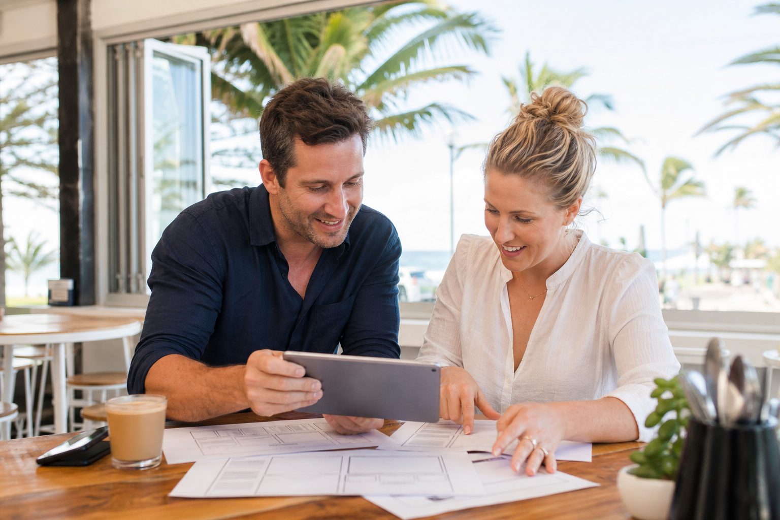 Small business owner and web consultant reviewing website wireframes together at a Gold Coast cafe