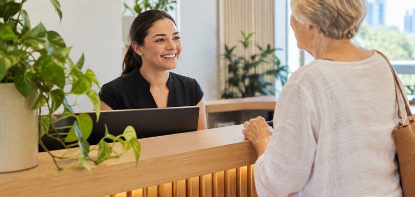 Receptionist greeting an older patient at a Gold Coast medical practice front desk