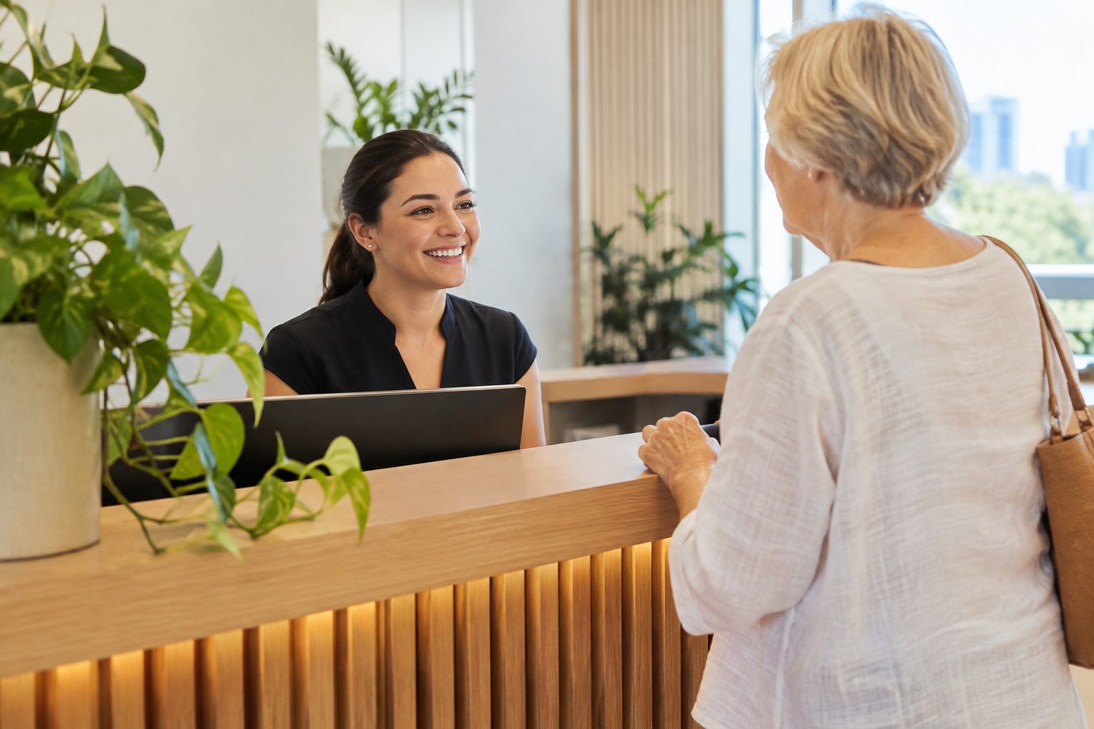 Receptionist greeting an older patient at a Gold Coast medical practice front desk