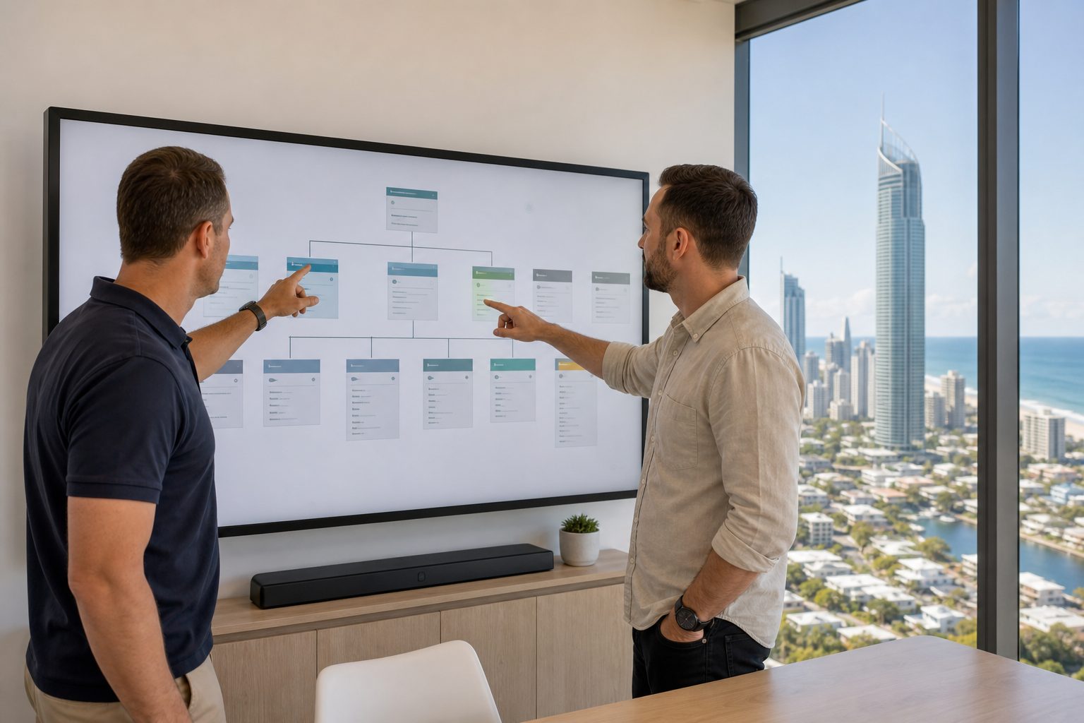 Business owner and consultant reviewing a modular website structure roadmap on screen, future proof website design Australia