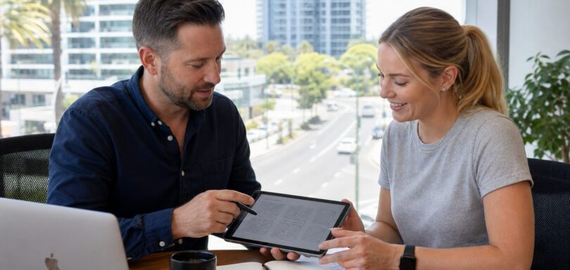 Business owner and web designer reviewing website redesign wireframes on a tablet in a Gold Coast office