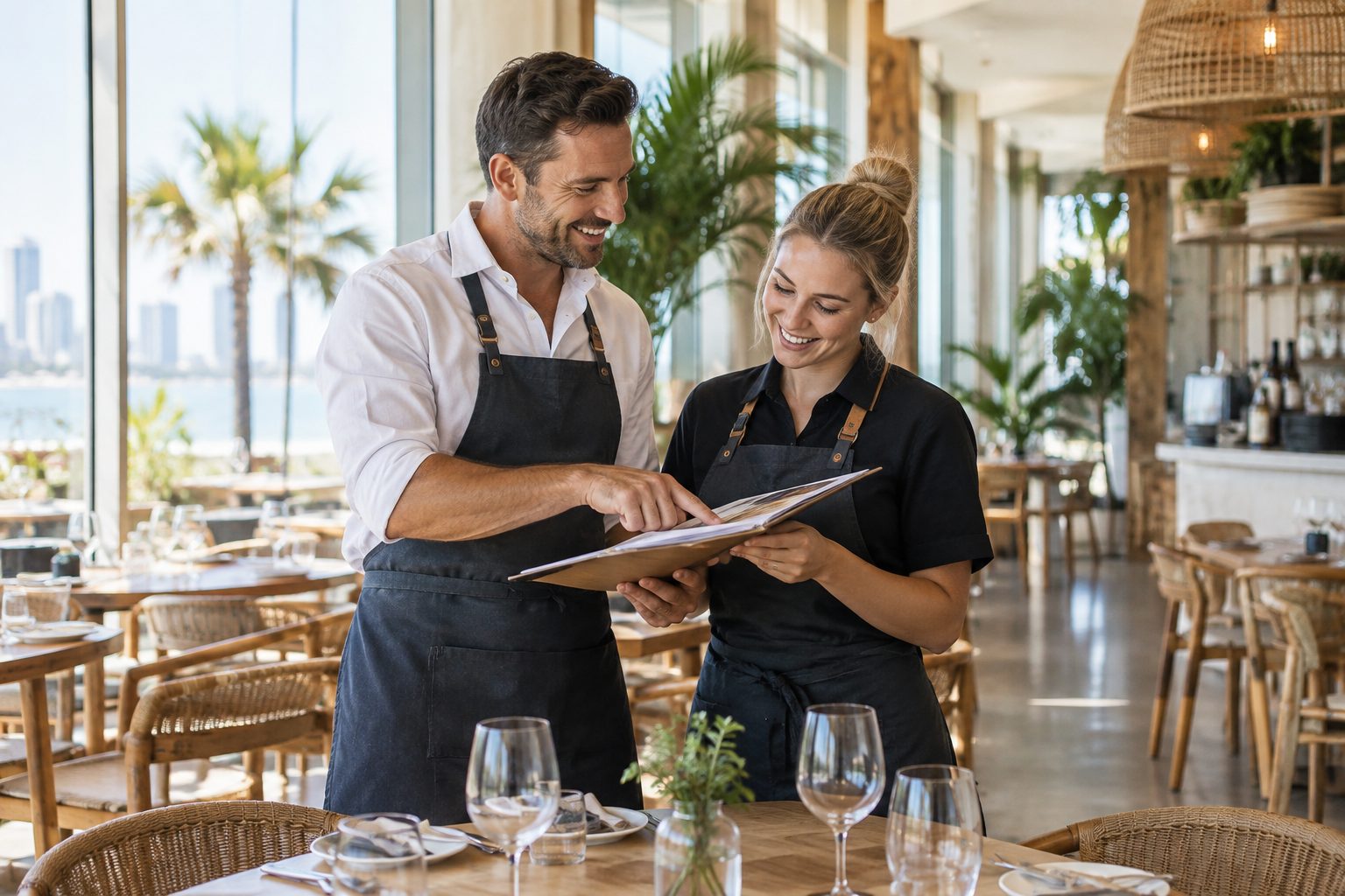 Restaurant owner and staff member reviewing the menu together in a Gold Coast dining room