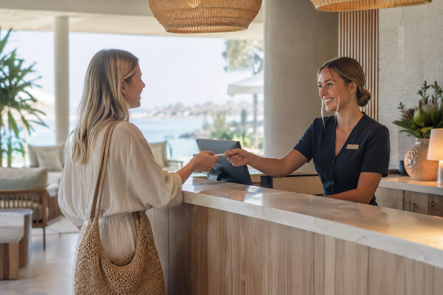 Hotel receptionist greeting a guest at a boutique hotel front desk in Australia