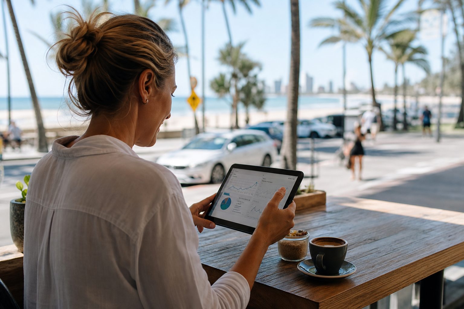 Business owner reviewing website analytics on a tablet at a Gold Coast beachside cafe