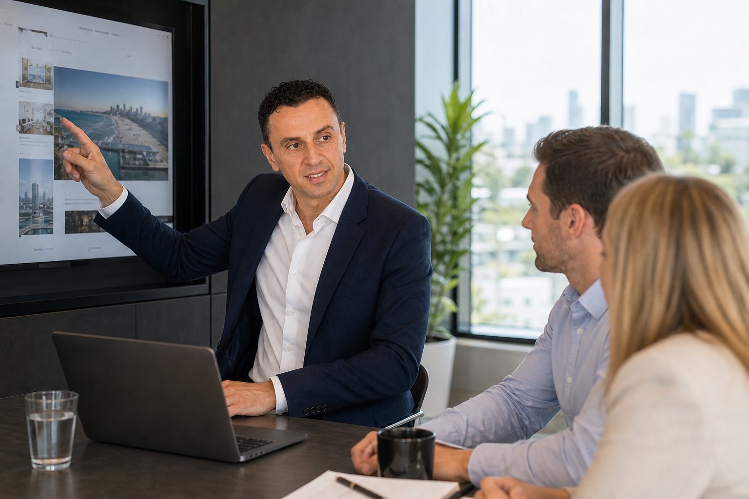 Titan Blue director reviewing a website layout with colleagues in a Gold Coast office boardroom