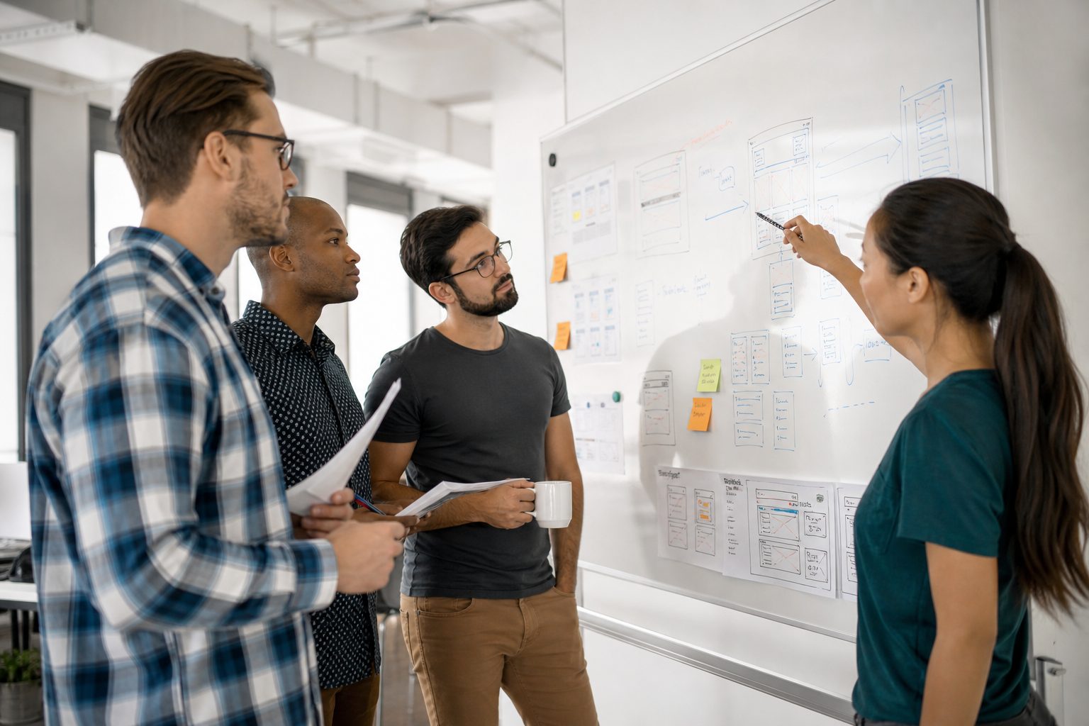 Web development team mapping site architecture and wireframes on a whiteboard