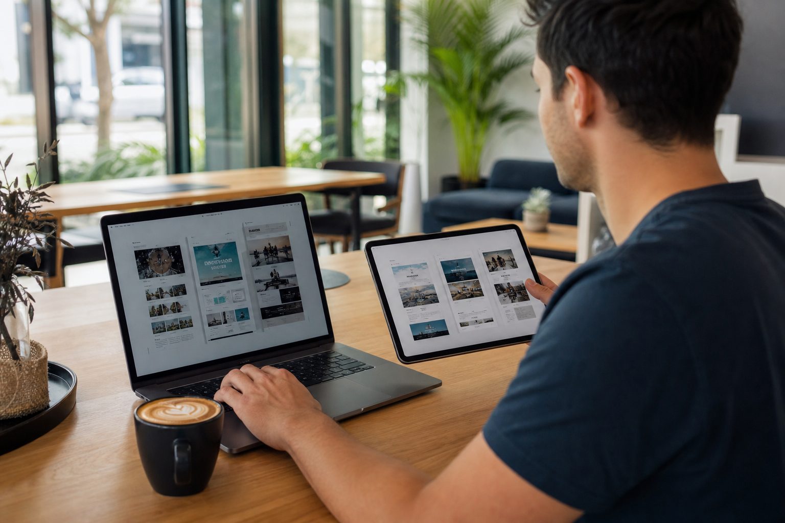 Person reviewing website design mockups on laptop and tablet at a Southport coworking space