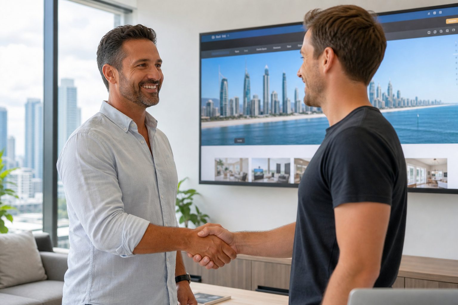 Web designer and Gold Coast business owner shaking hands after a website project review in Surfers Paradise