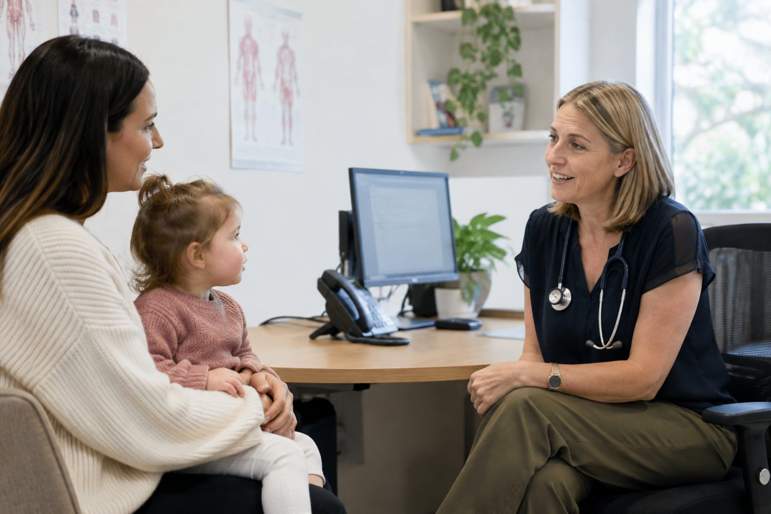 GP talking with a mother and young child in an Australian medical practice consultation room