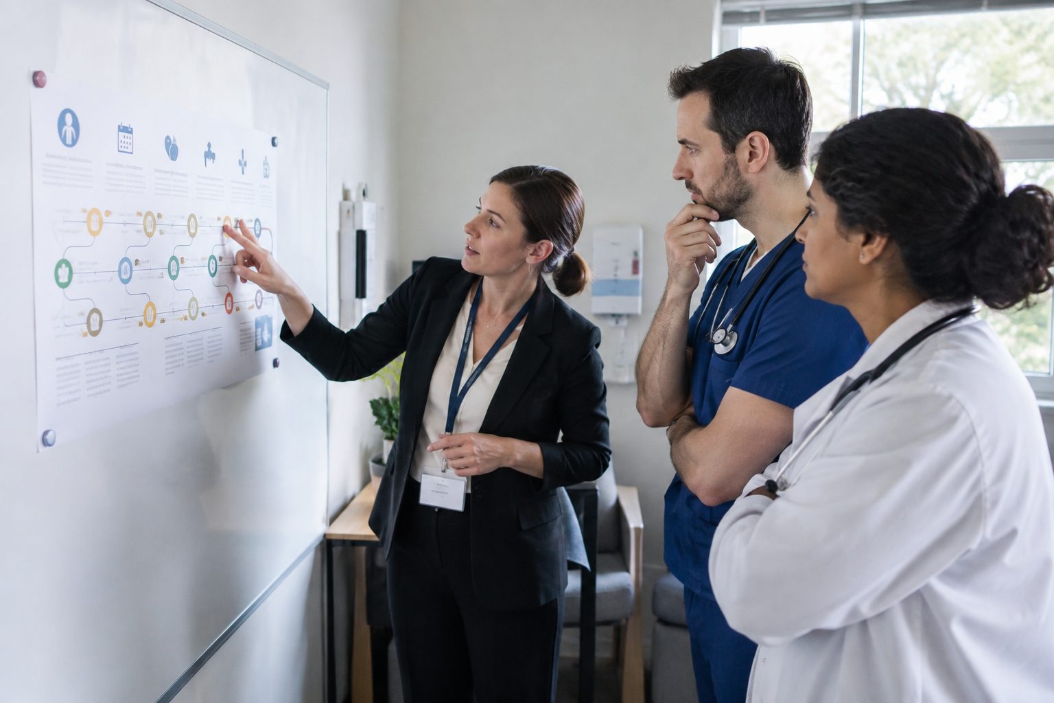 Practice manager mapping the patient booking journey with two doctors