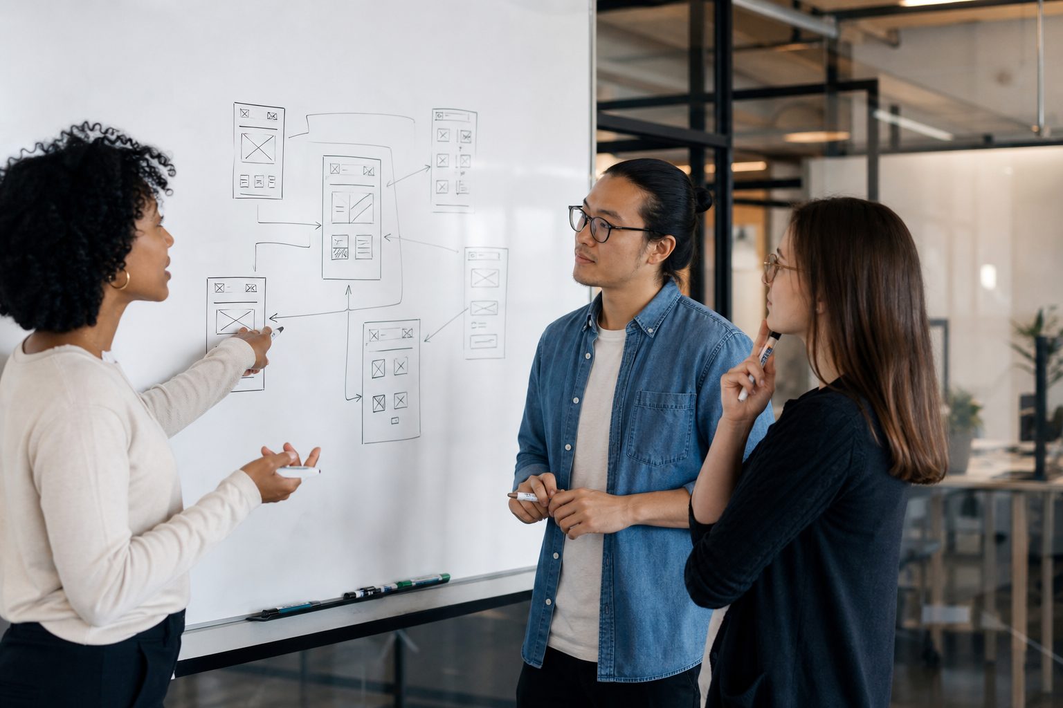 Team mapping a modular website architecture on a whiteboard for future proof website design