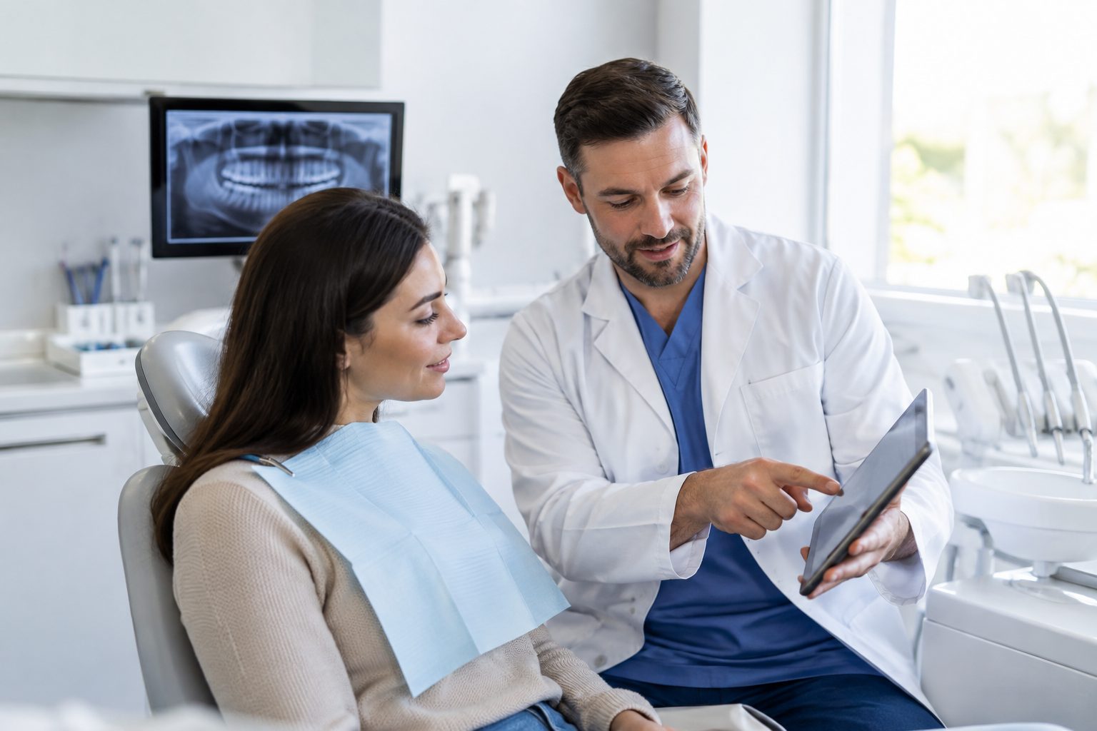 Dentist consulting with a patient in a treatment room using a tablet