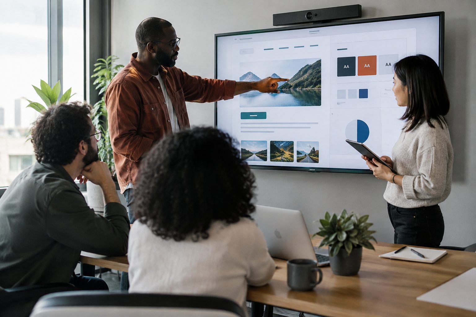 Web design team reviewing an accessible website mockup with colour contrast checks