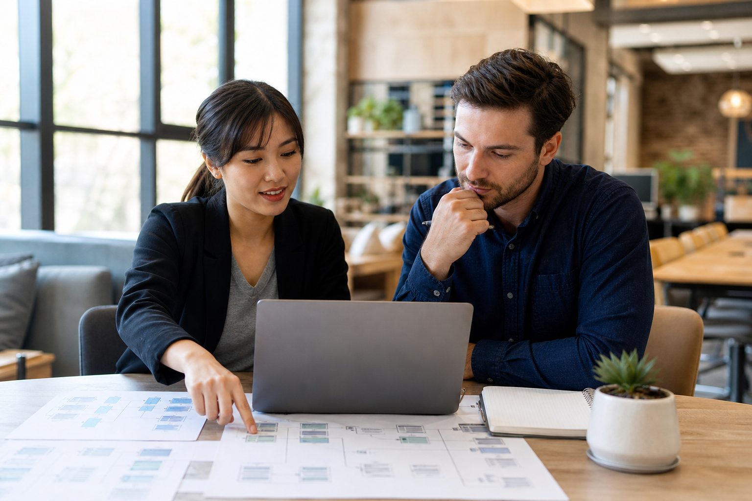Two colleagues discussing a website redesign plan using printed sitemap diagrams and a laptop