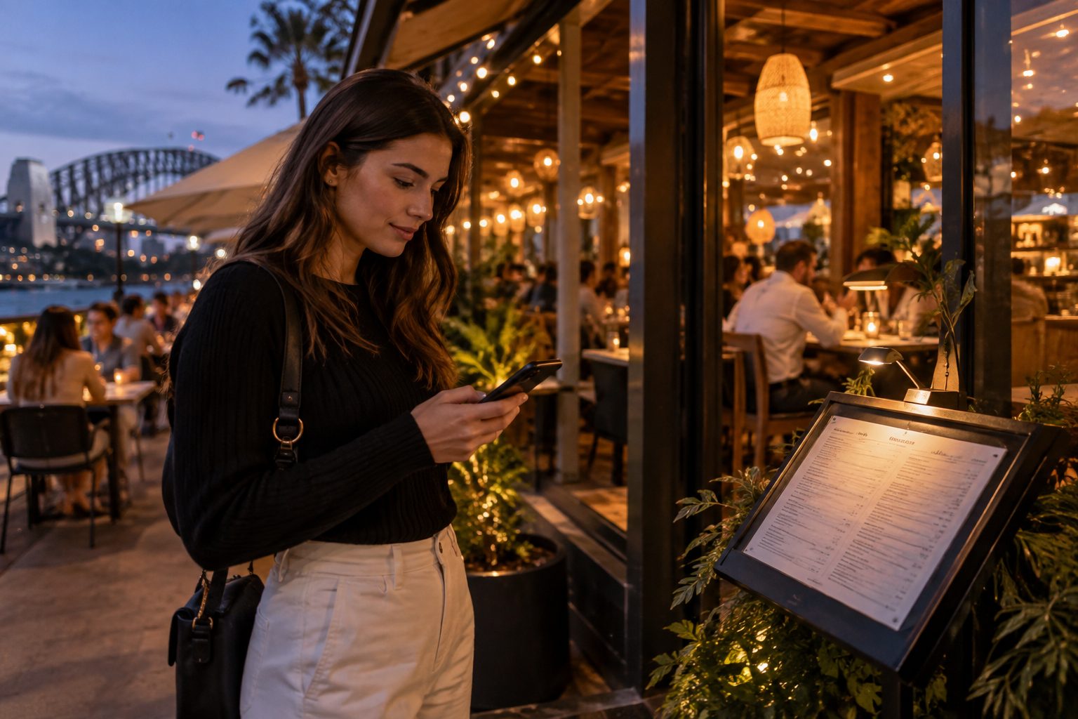 Diner checking a restaurant menu on her phone outside the venue at dusk