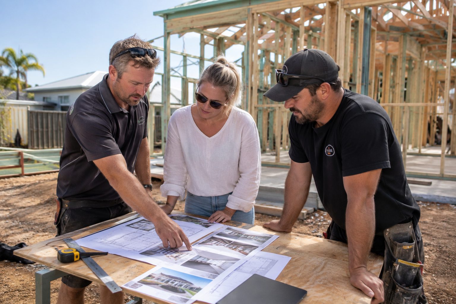 Builders reviewing project photos and floor plans on a residential construction site