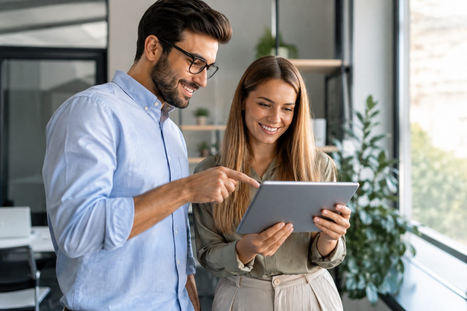 Two colleagues reviewing an online store product catalogue on a tablet in a modern office