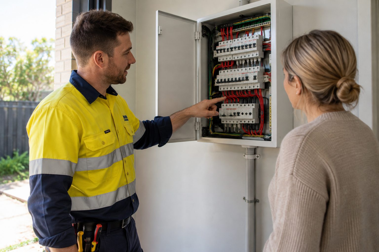 Australian electrician discussing completed work with homeowner