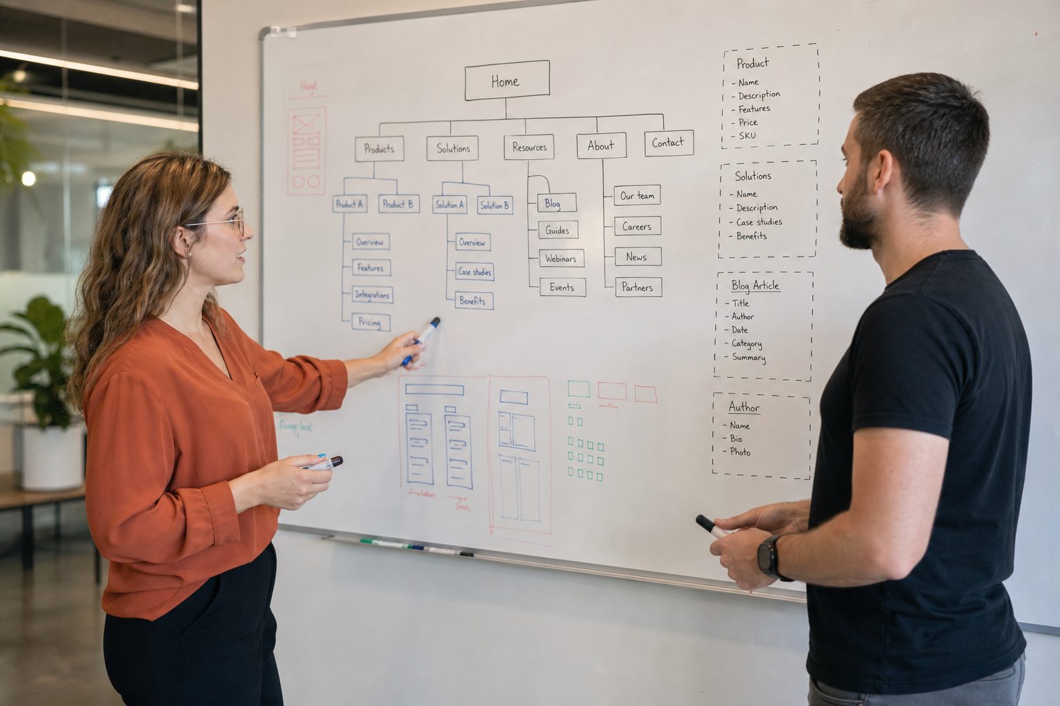 Two colleagues at a whiteboard mapping a website page hierarchy and schema types