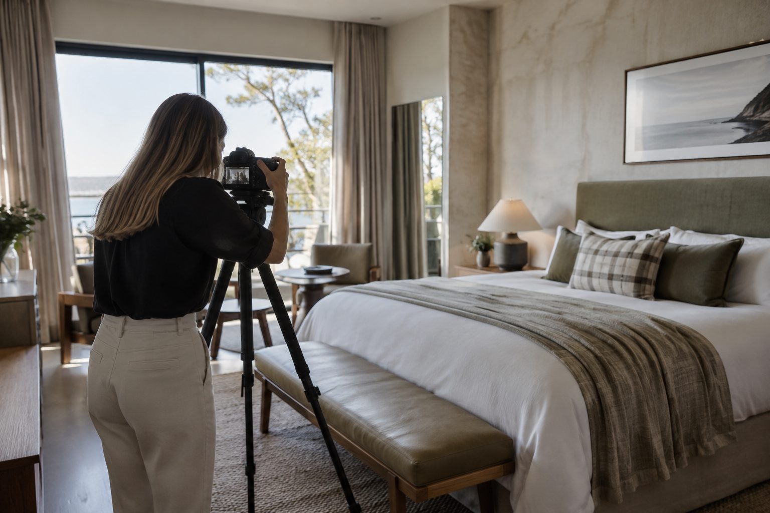 Hotel marketing coordinator photographing a styled hotel room for the website