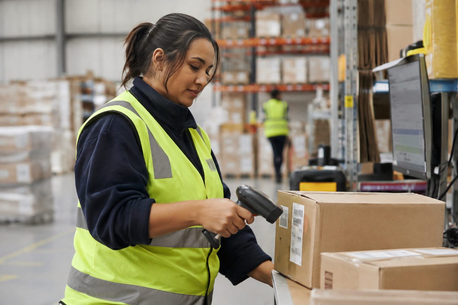 Warehouse worker scanning a barcode on a shipping box in an Australian ecommerce fulfilment centre