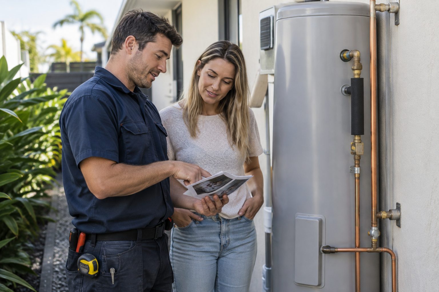 Australian plumber reviewing completed installation with homeowner