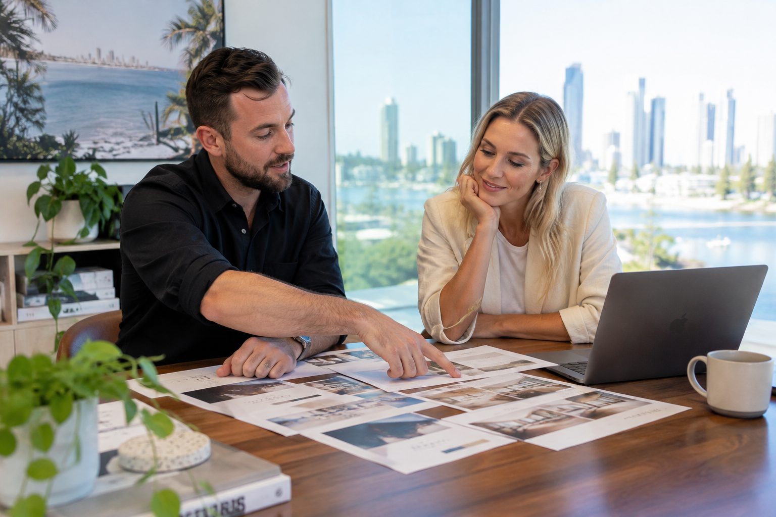 Business owner and web designer reviewing website page layouts