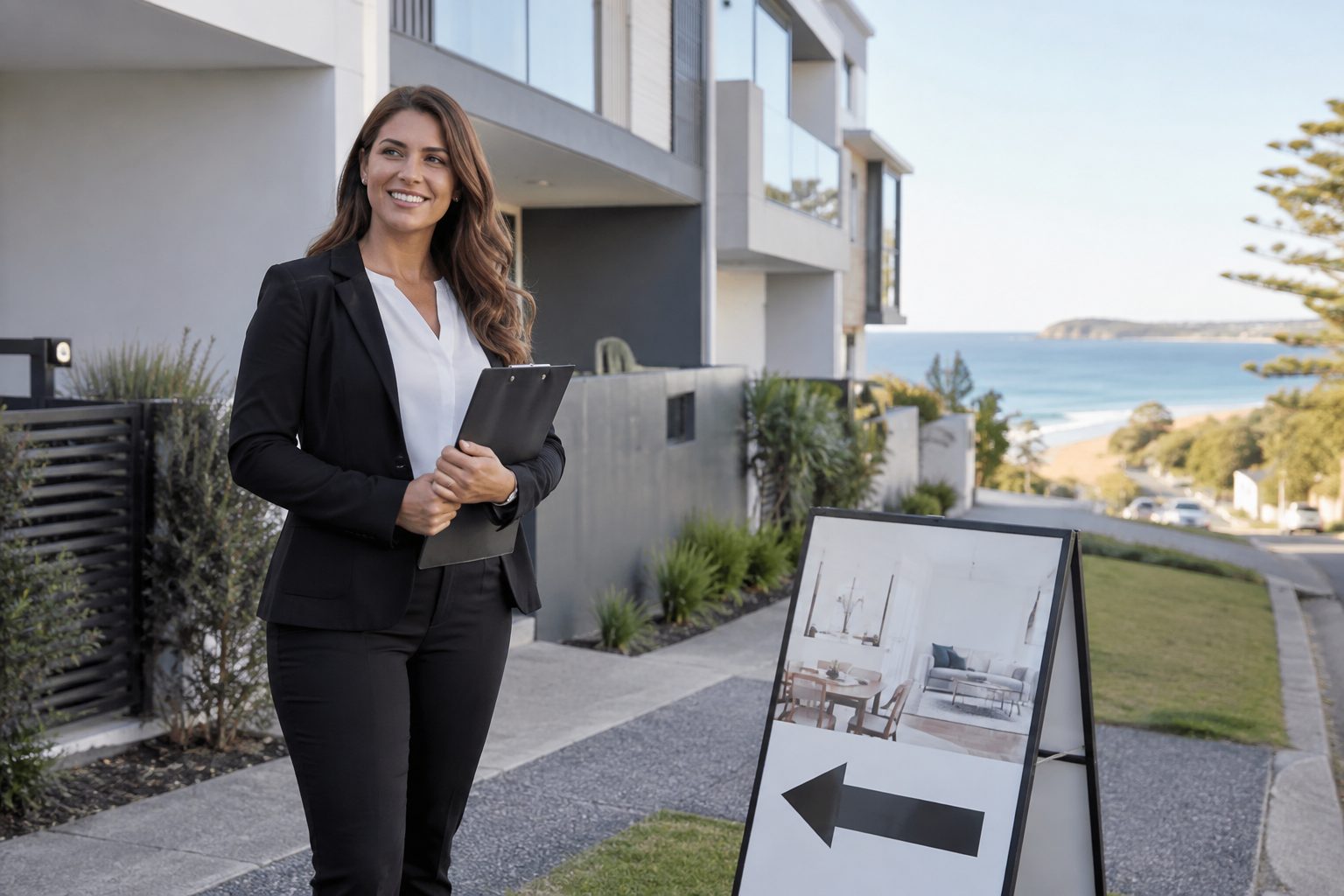 Agent at an open house sign outside a coastal property
