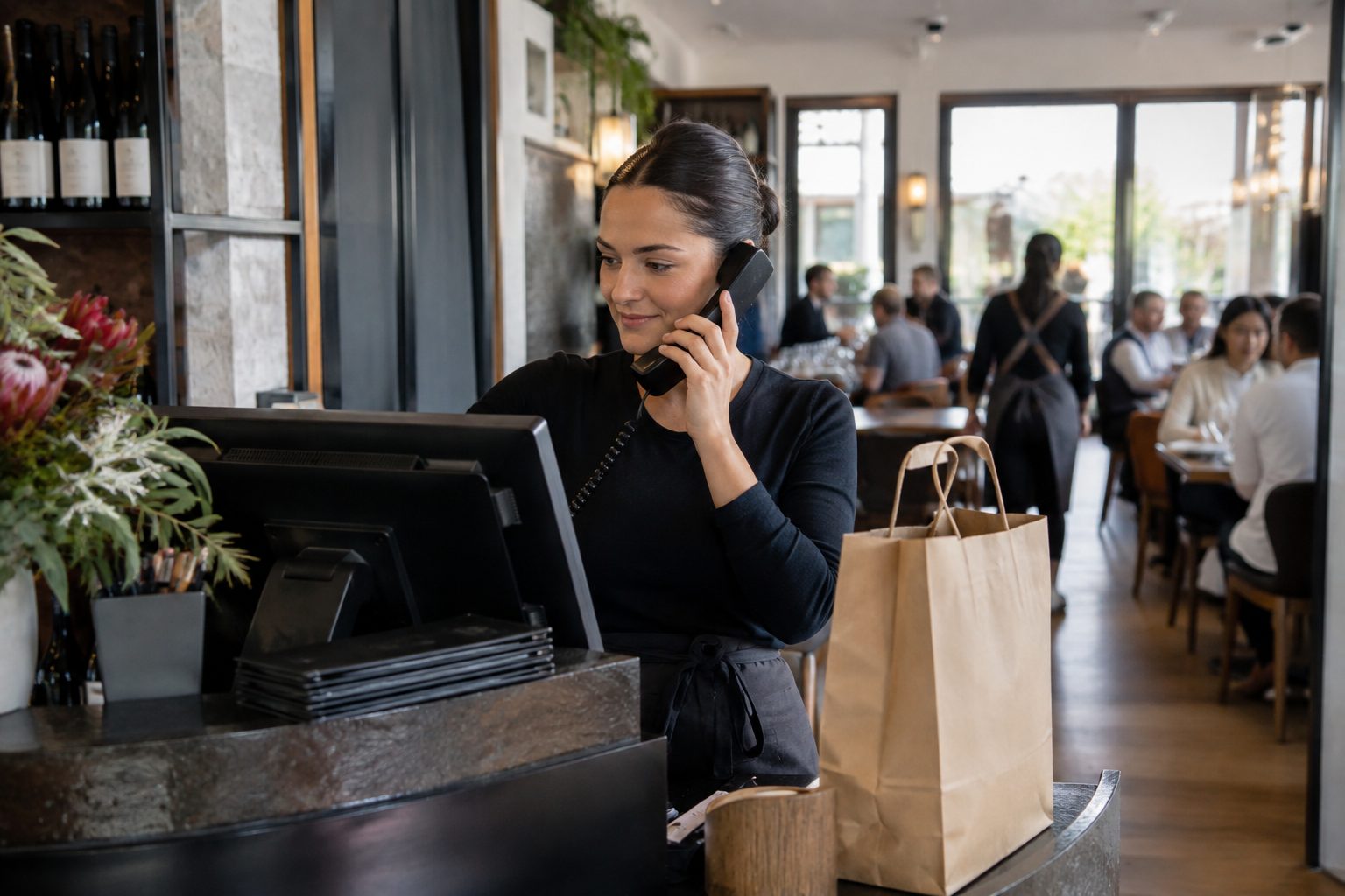 Restaurant staff member taking a phone booking with a takeaway order ready