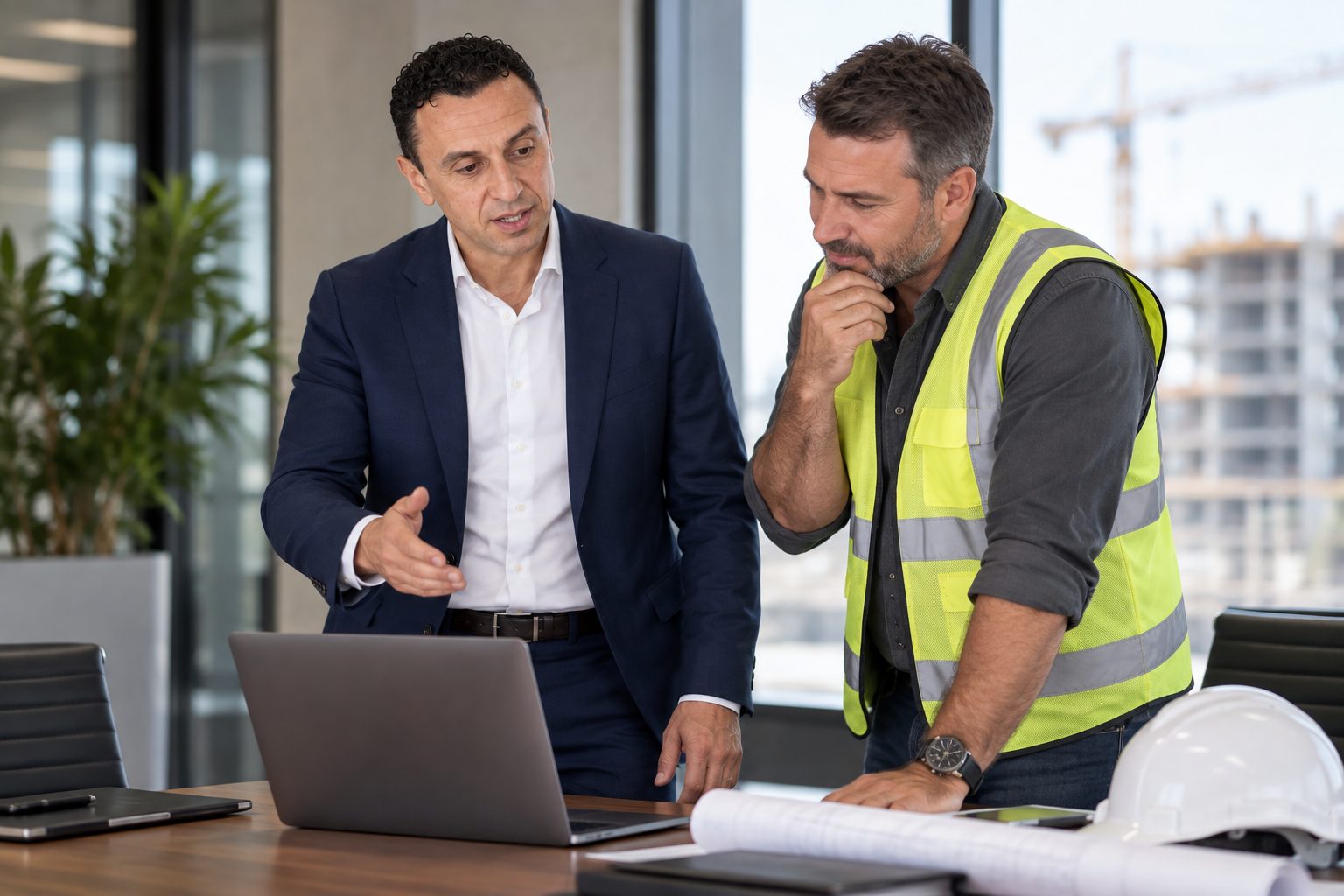 Titan Blue consultant discussing a construction company website mockup with a client