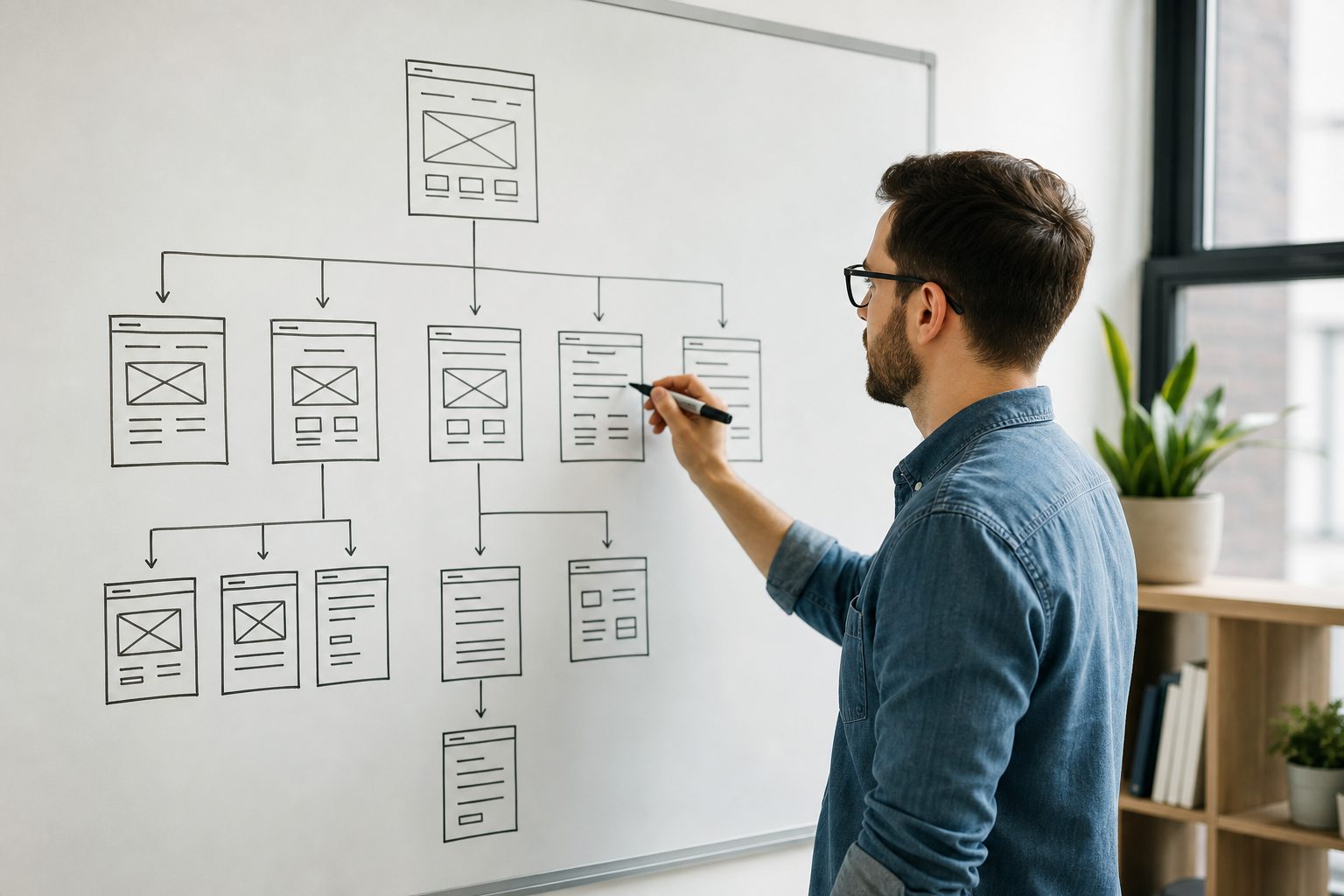Website information architecture and sitemap diagram sketched on a whiteboard