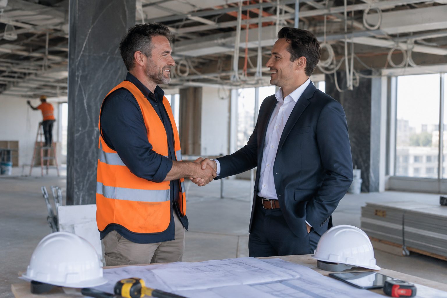 Construction company owner shaking hands with a commercial client at a fit-out site