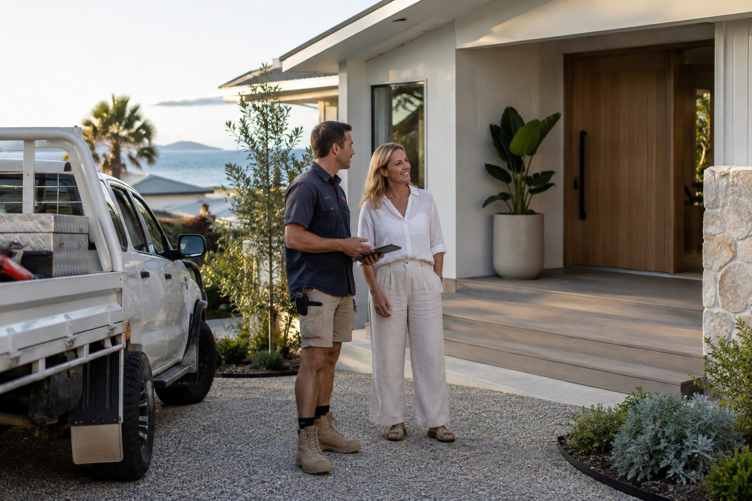 Australian builder discussing finished renovation with client